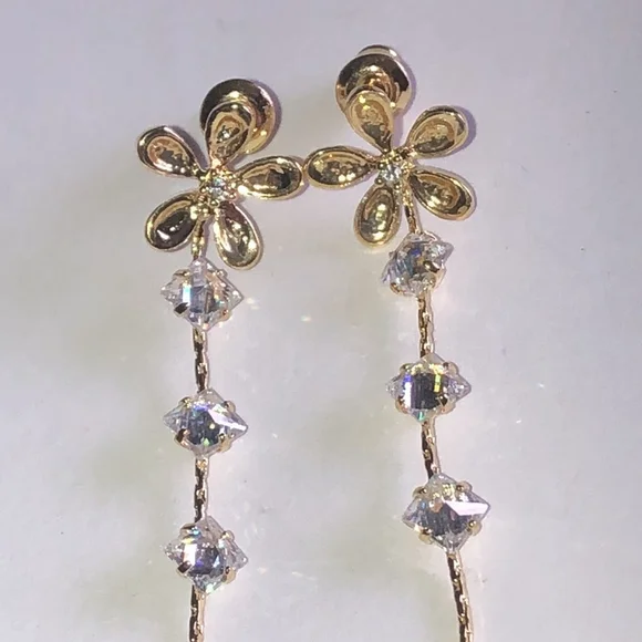 Gold Tone CZ Rhinestone Flower Dangling Pierced Earrings - Picture 2 of 6